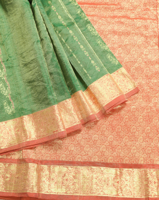 Sushila Vintage Orange Green Dual Tone Brocade Pure Kanjivaram Tissue Silk Saree