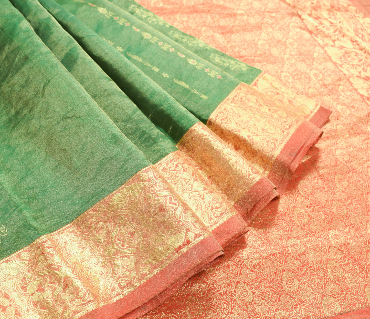 Sushila Vintage Orange Green Dual Tone Brocade Pure Kanjivaram Tissue Silk Saree