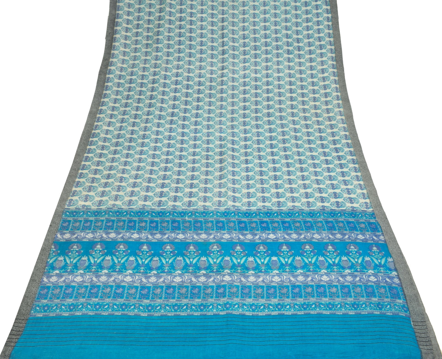 Sushila Vintage Pure Woolen Saree Cream Floral Printed & Woven 6yard Sari Fabric