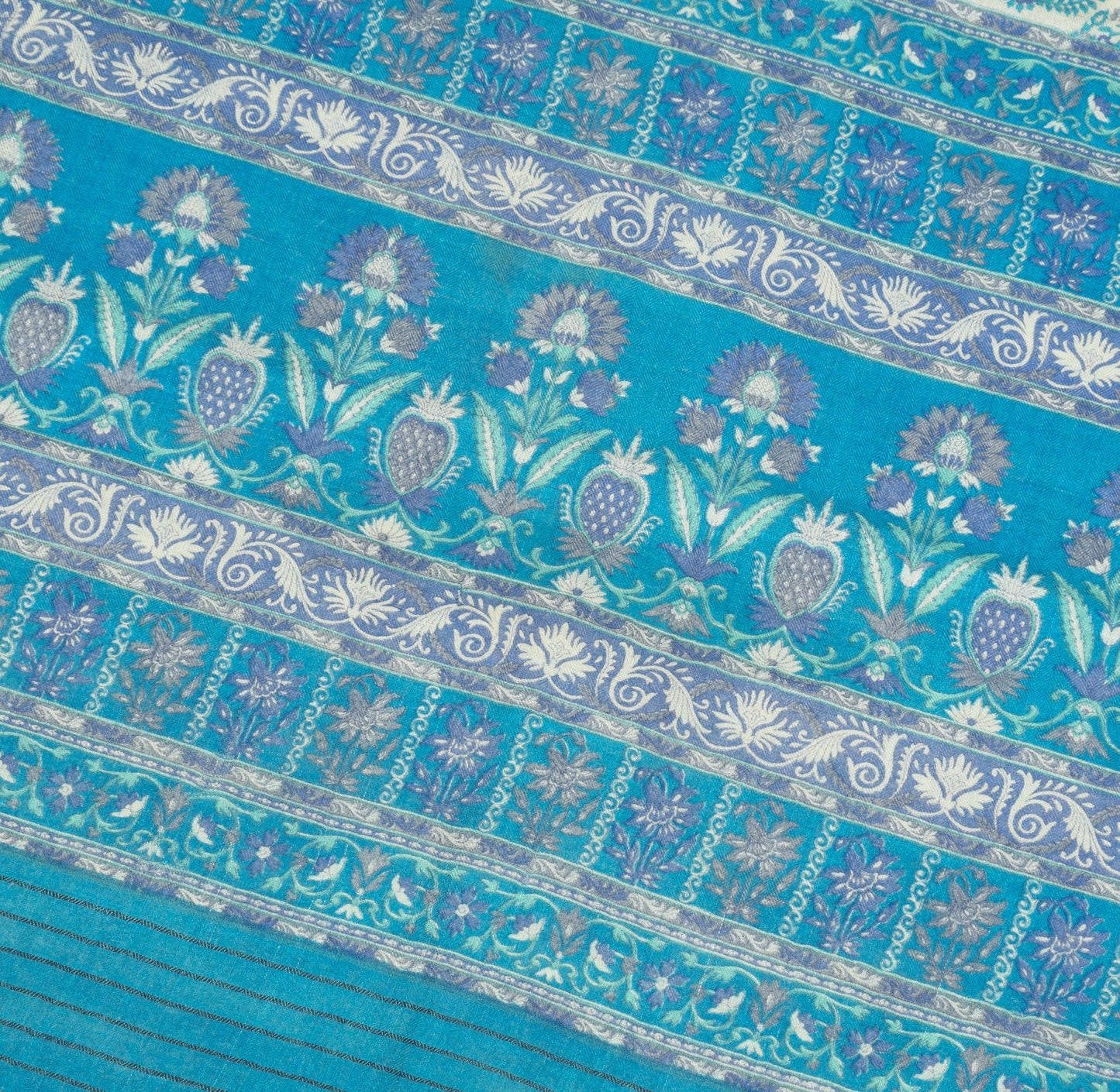 Sushila Vintage Pure Woolen Saree Cream Floral Printed & Woven 6yard Sari Fabric