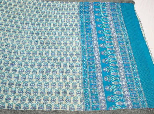 Sushila Vintage Pure Woolen Saree Cream Floral Printed & Woven 6yard Sari Fabric
