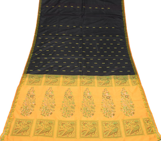 Sushila Vintage Black Orange Pure Silk Saree Hand Woven Floral Soft Sari Fabric