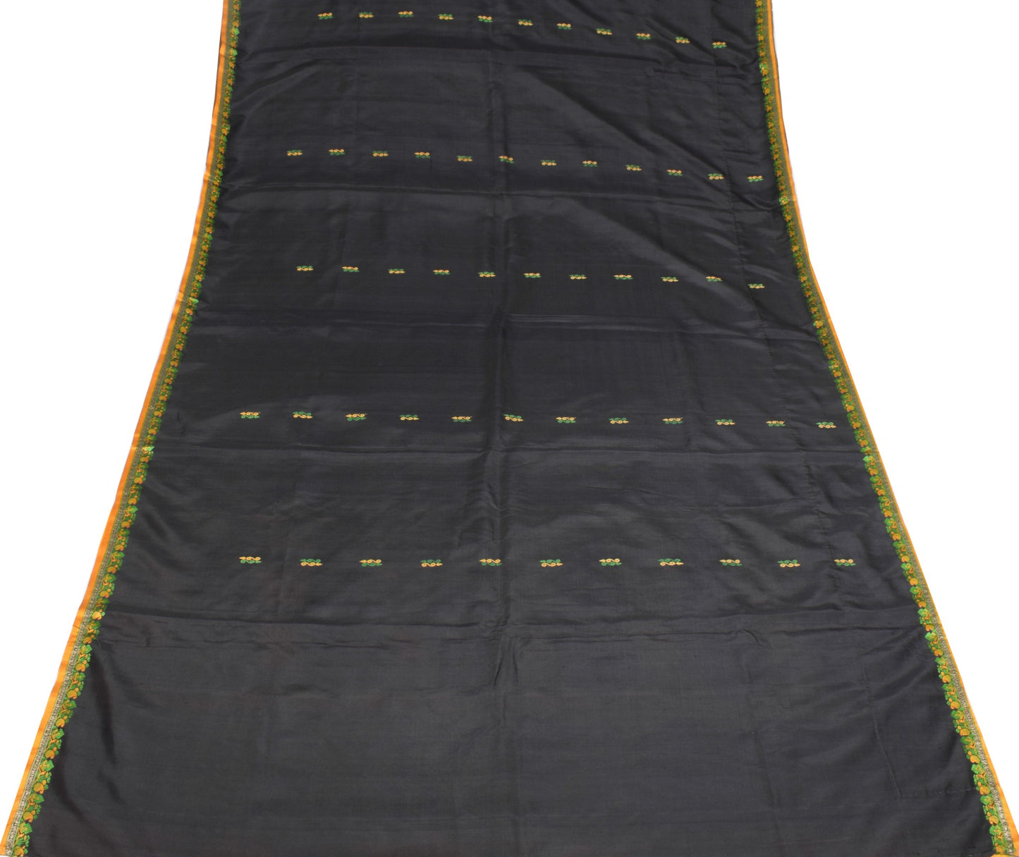Sushila Vintage Black Orange Pure Silk Saree Hand Woven Floral Soft Sari Fabric