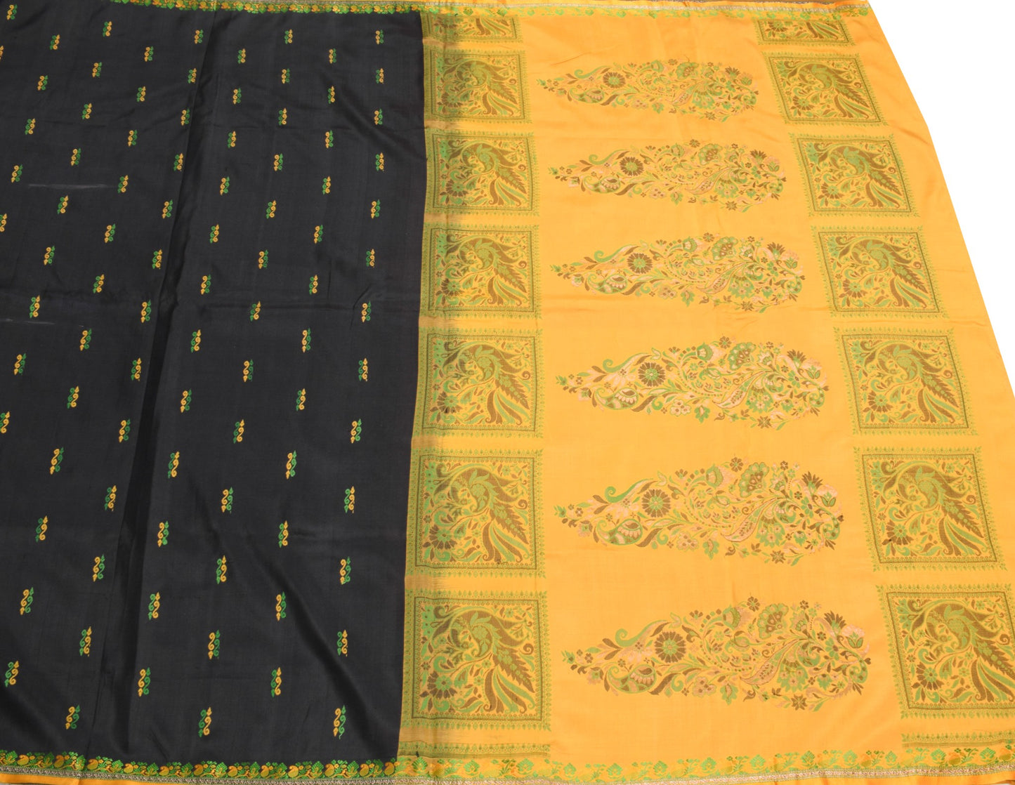 Sushila Vintage Black Orange Pure Silk Saree Hand Woven Floral Soft Sari Fabric