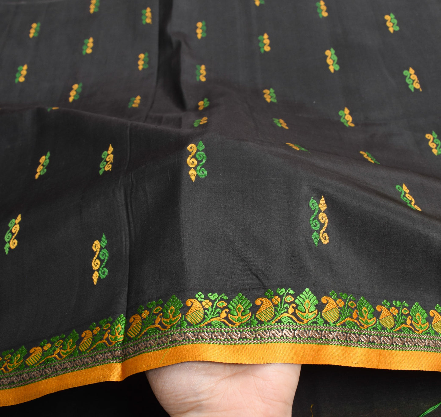 Sushila Vintage Black Orange Pure Silk Saree Hand Woven Floral Soft Sari Fabric