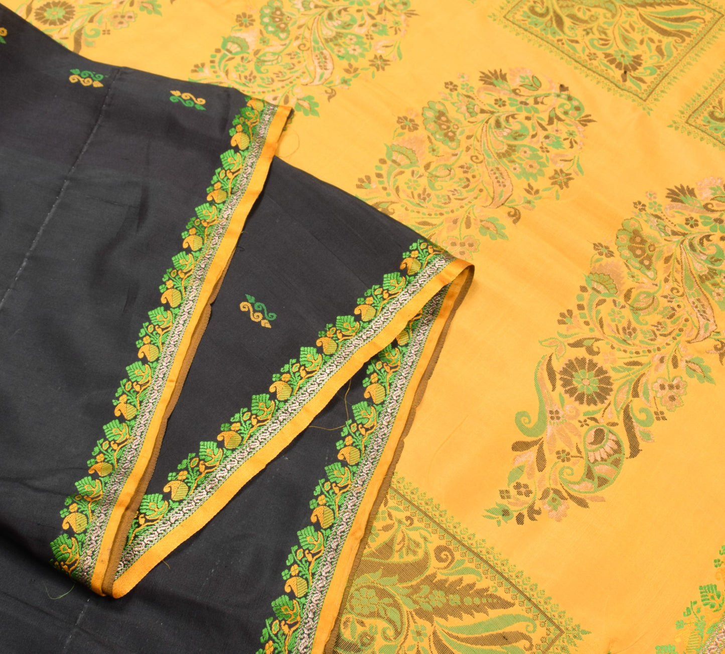Sushila Vintage Black Orange Pure Silk Saree Hand Woven Floral Soft Sari Fabric