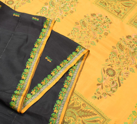 Sushila Vintage Black Orange Pure Silk Saree Hand Woven Floral Soft Sari Fabric