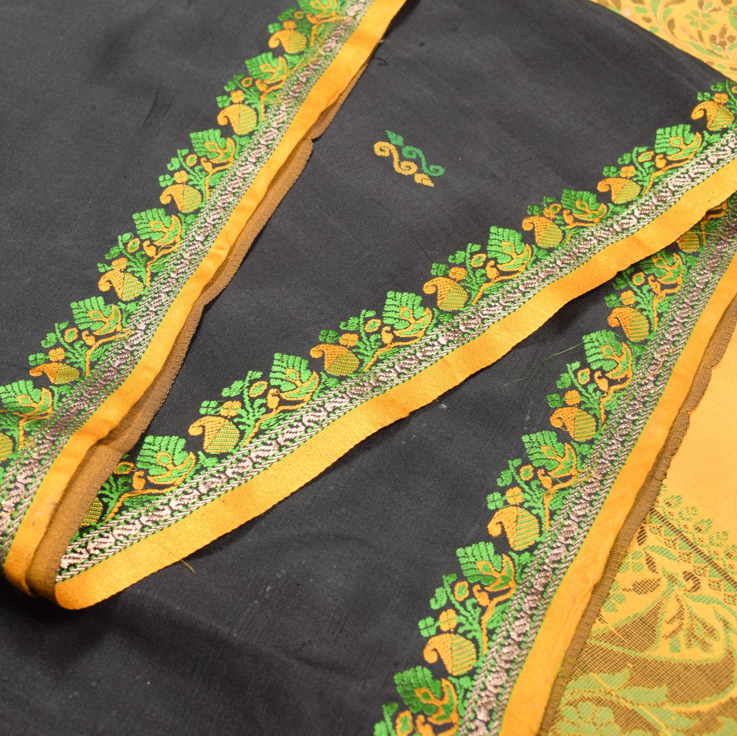 Sushila Vintage Black Orange Pure Silk Saree Hand Woven Floral Soft Sari Fabric