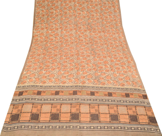 Sushila Vintage Cream Floral Saree Printed & Woven Pure Woolen 5 YD Sari Fabric