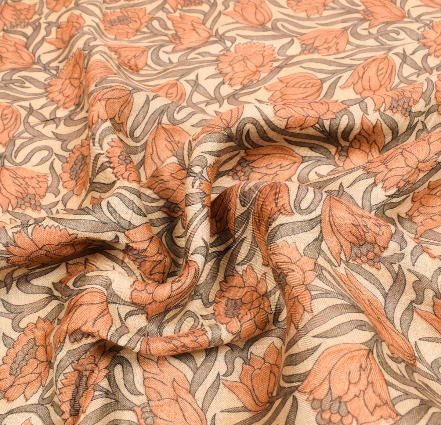 Sushila Vintage Cream Floral Saree Printed & Woven Pure Woolen 5 YD Sari Fabric