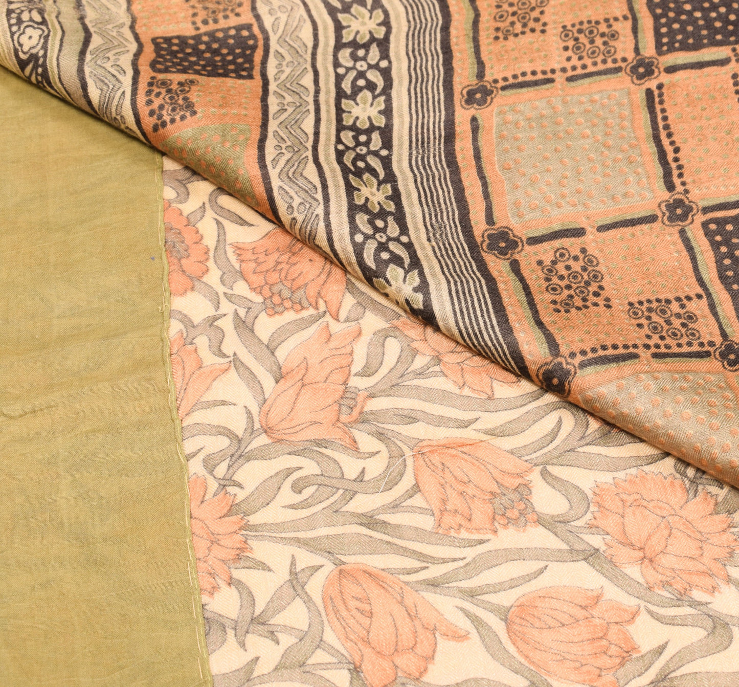 Sushila Vintage Cream Floral Saree Printed & Woven Pure Woolen 5 YD Sari Fabric