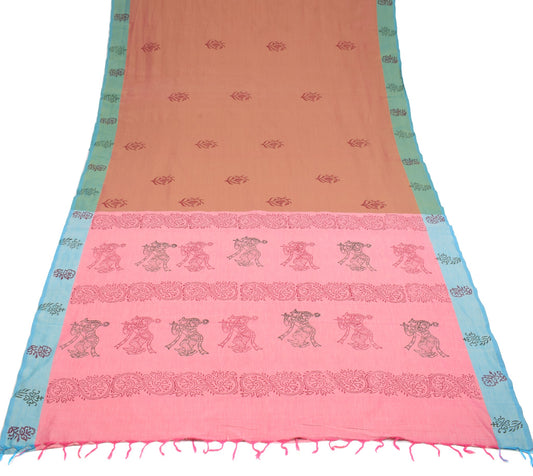 Sushila Vintage Hand Block Printed Saree Art Cotton Multi-Color 6YD Sari Fabric
