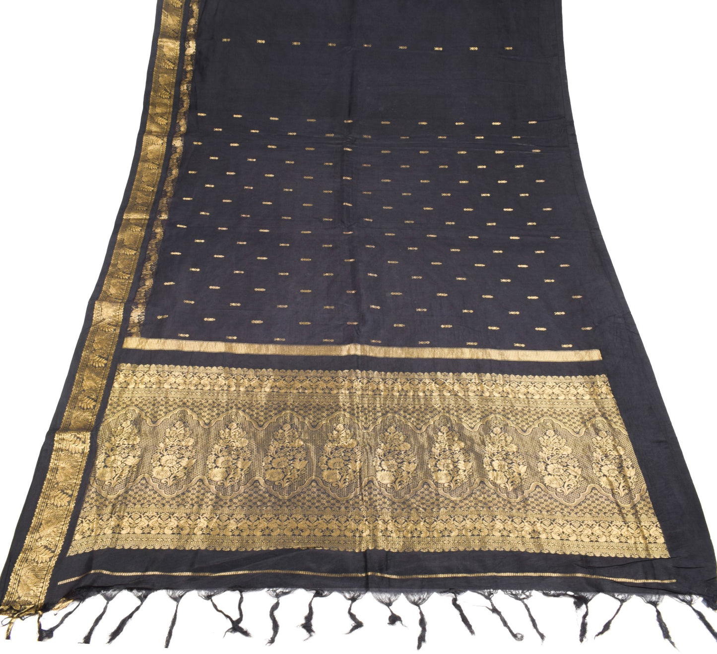 Sushila Vintage Black Kanjivaram Saree Pure Silk Gold Zari Brocade Sari Fabric