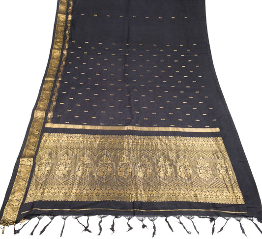 Sushila Vintage Black Kanjivaram Saree Pure Silk Gold Zari Brocade Sari Fabric