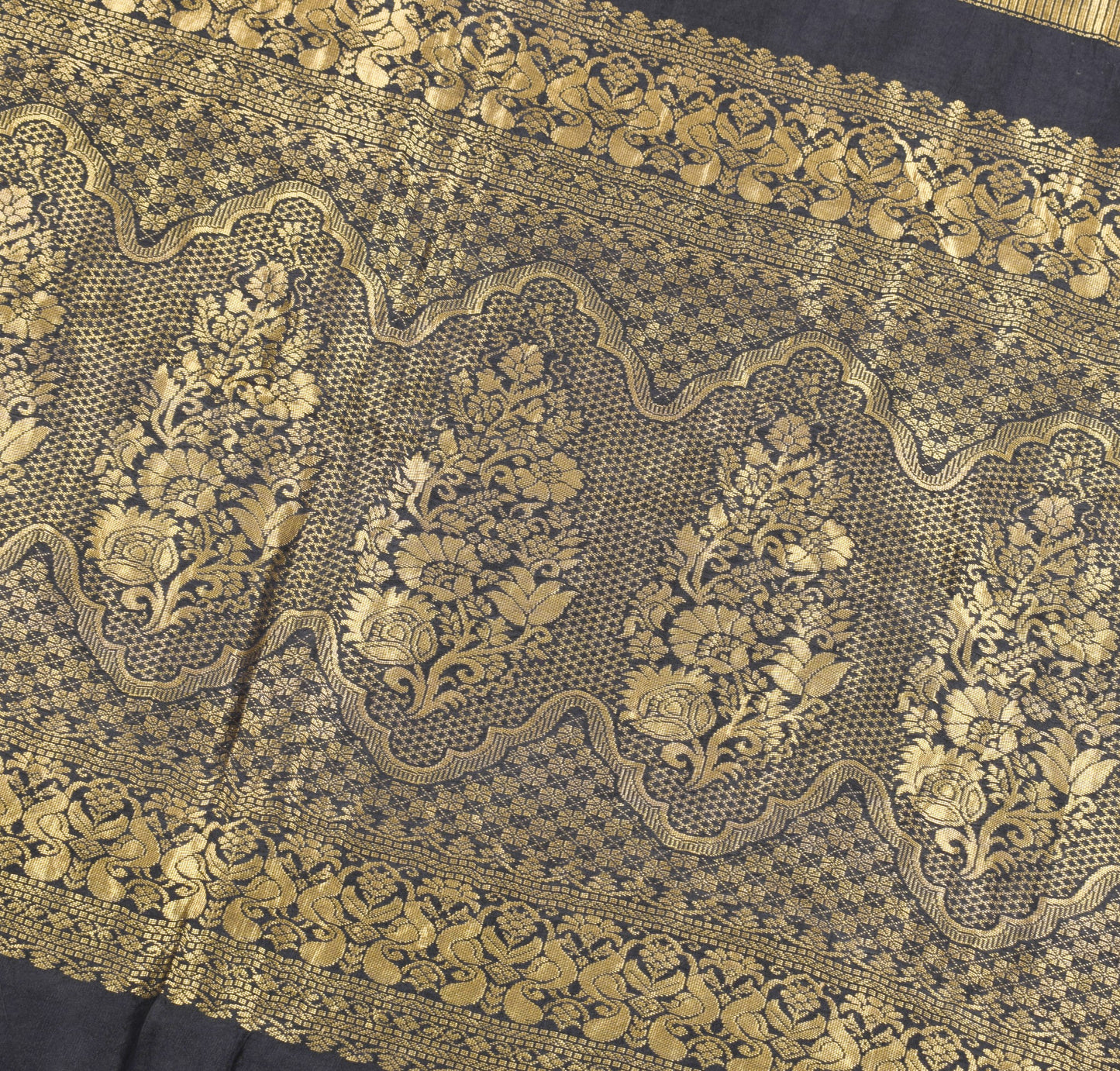 Sushila Vintage Black Kanjivaram Saree Pure Silk Gold Zari Brocade Sari Fabric
