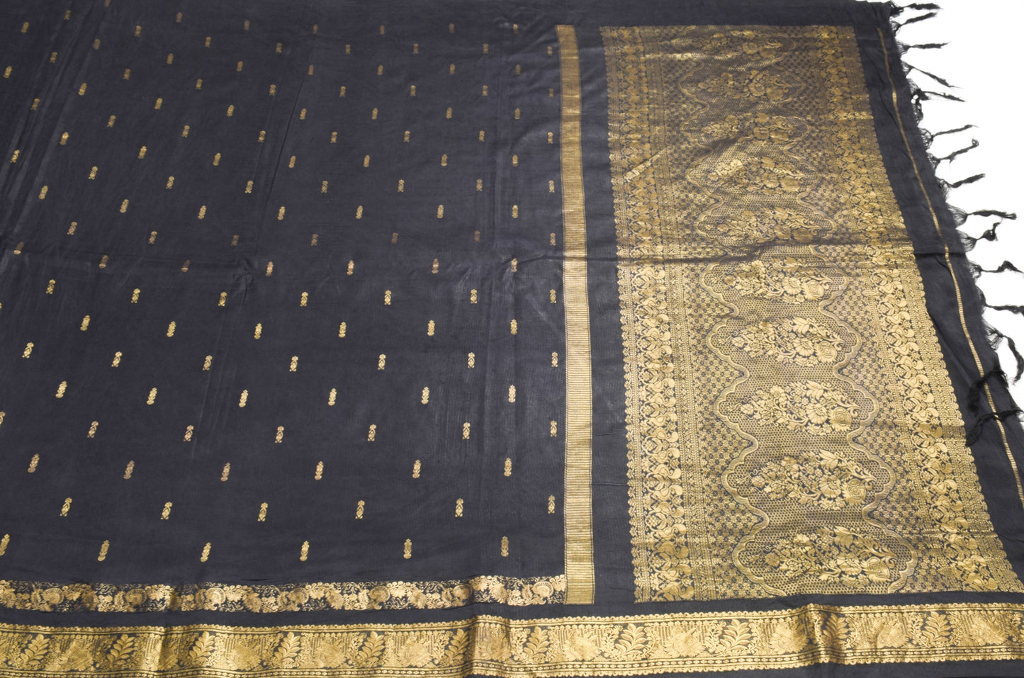 Sushila Vintage Black Kanjivaram Saree Pure Silk Gold Zari Brocade Sari Fabric
