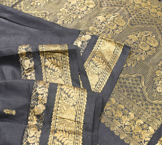 Sushila Vintage Black Kanjivaram Saree Pure Silk Gold Zari Brocade Sari Fabric