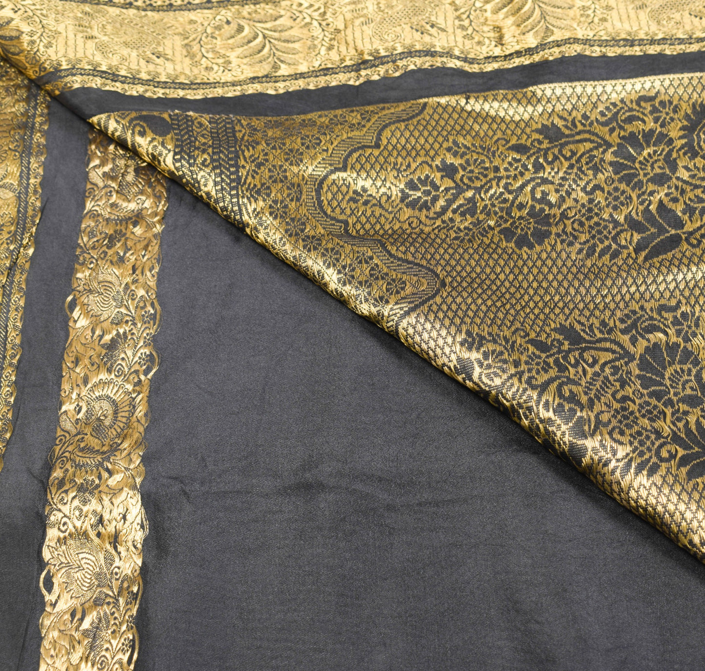 Sushila Vintage Black Kanjivaram Saree Pure Silk Gold Zari Brocade Sari Fabric