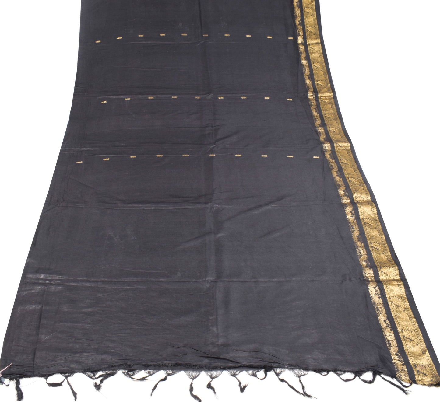 Sushila Vintage Black Kanjivaram Saree Pure Silk Gold Zari Brocade Sari Fabric