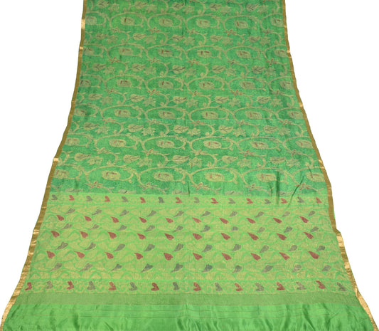Sushila Vintage Green Pure Silk Saree Printed Zari Brocade 6Yd Soft Sari Fabric