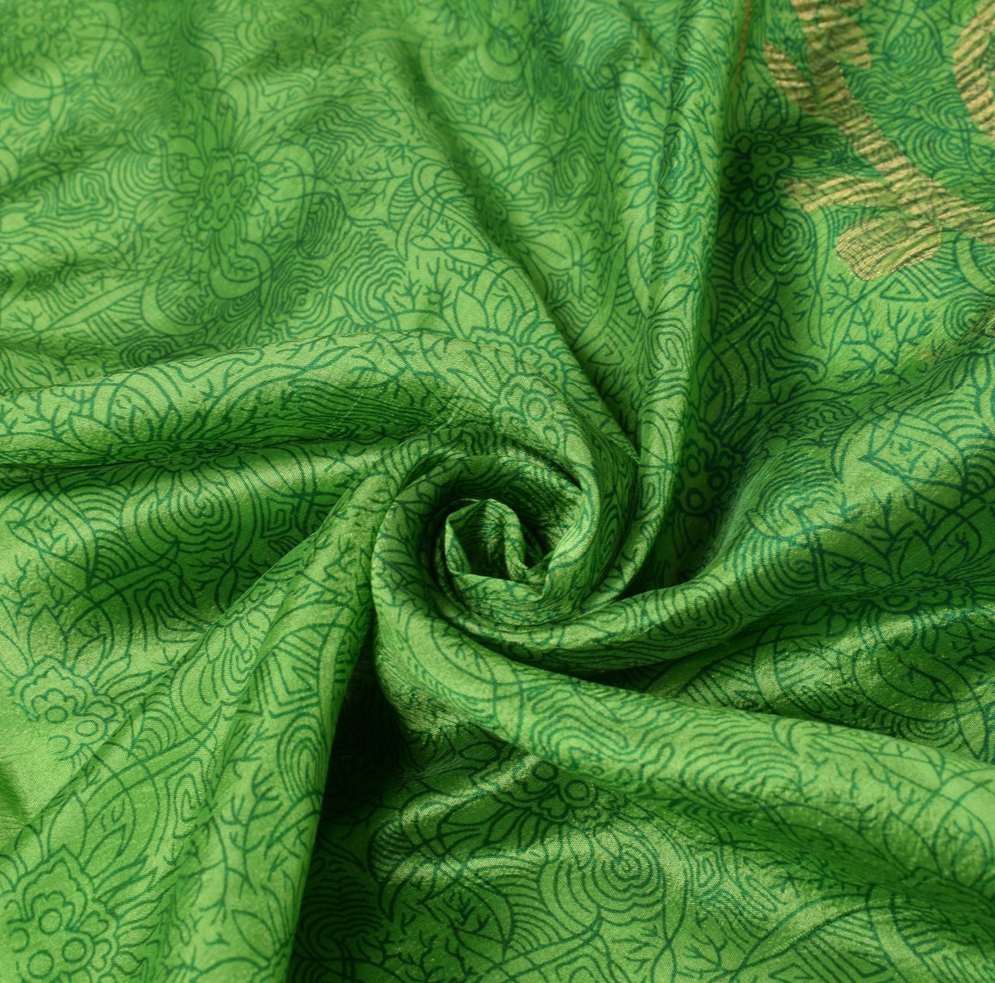 Sushila Vintage Green Pure Silk Saree Printed Zari Brocade 6Yd Soft Sari Fabric