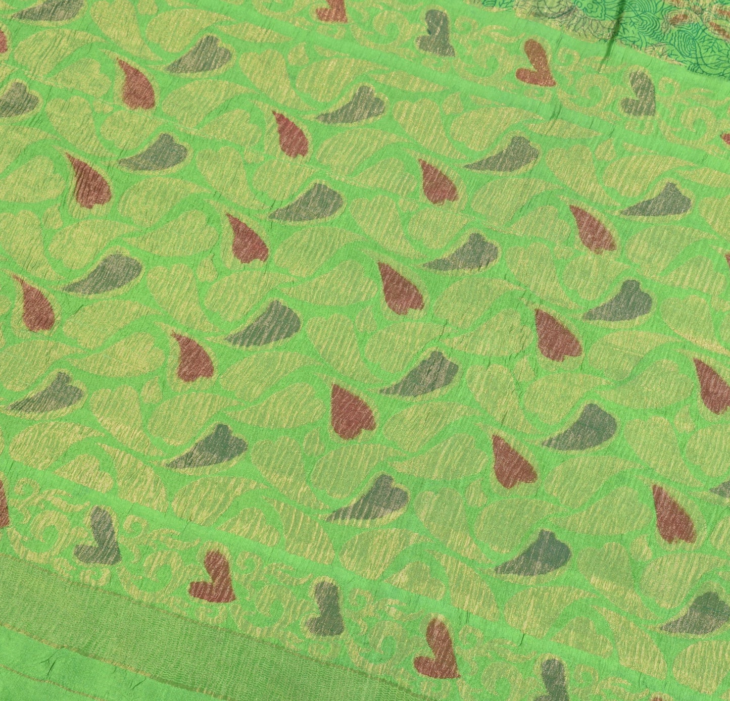 Sushila Vintage Green Pure Silk Saree Printed Zari Brocade 6Yd Soft Sari Fabric