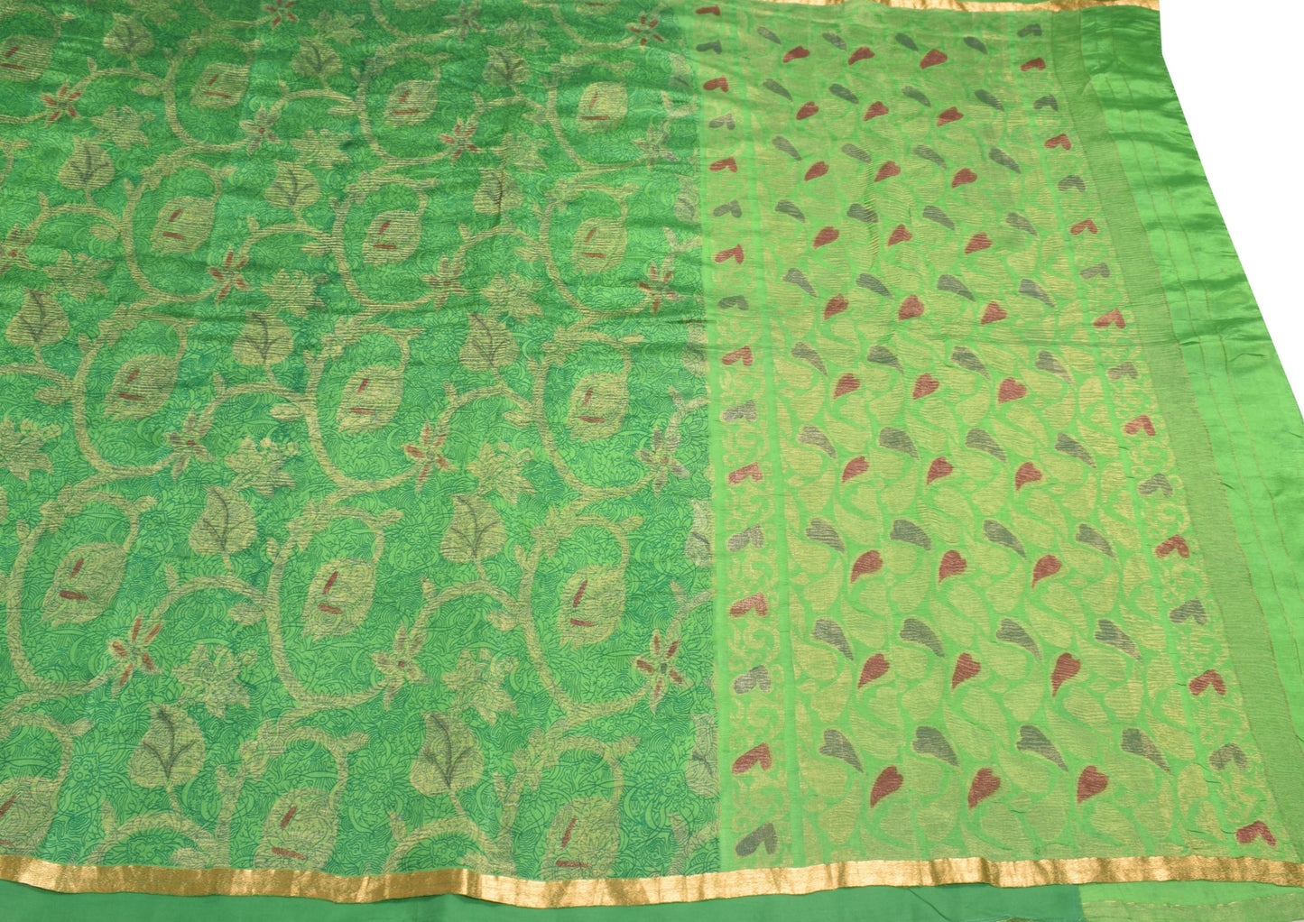 Sushila Vintage Green Pure Silk Saree Printed Zari Brocade 6Yd Soft Sari Fabric