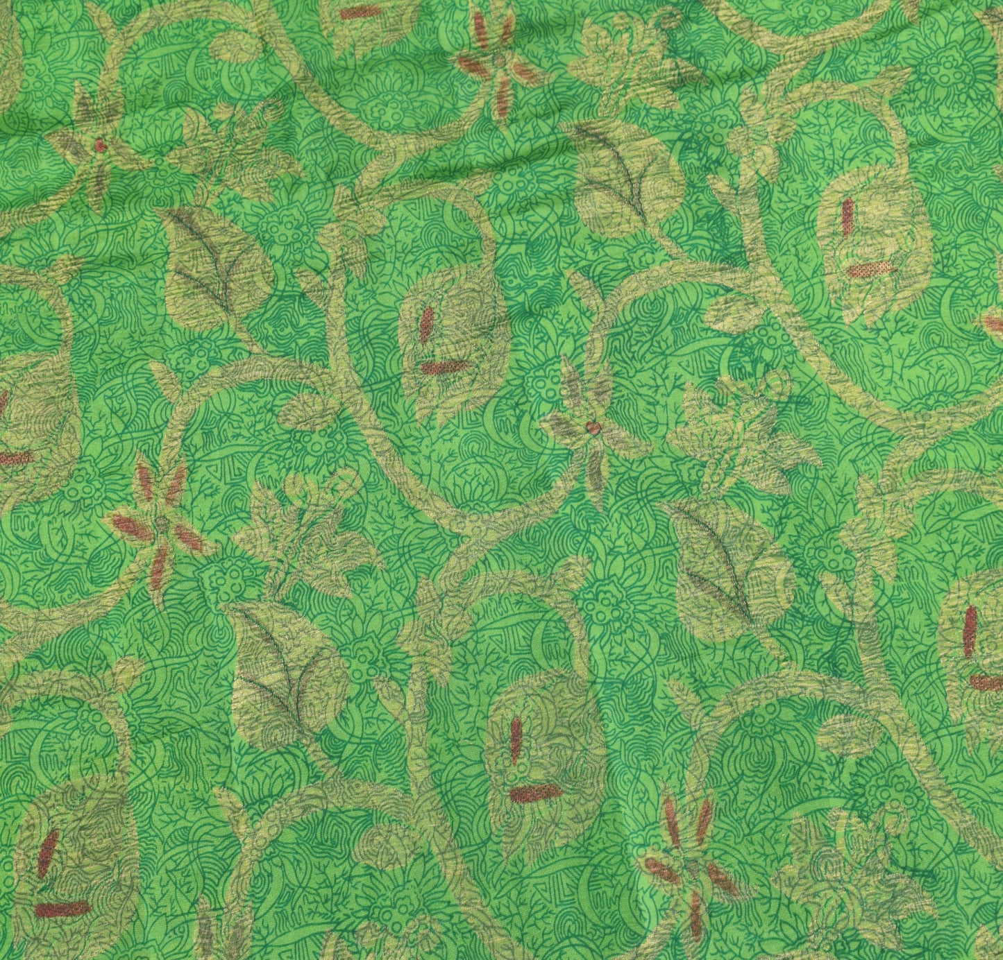 Sushila Vintage Green Pure Silk Saree Printed Zari Brocade 6Yd Soft Sari Fabric