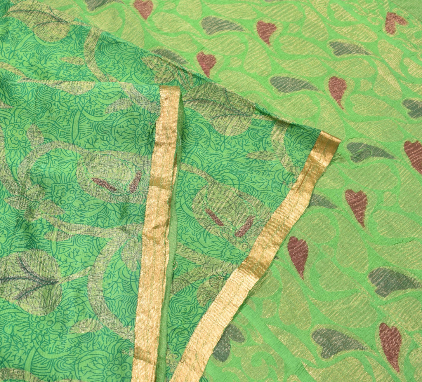 Sushila Vintage Green Pure Silk Saree Printed Zari Brocade 6Yd Soft Sari Fabric