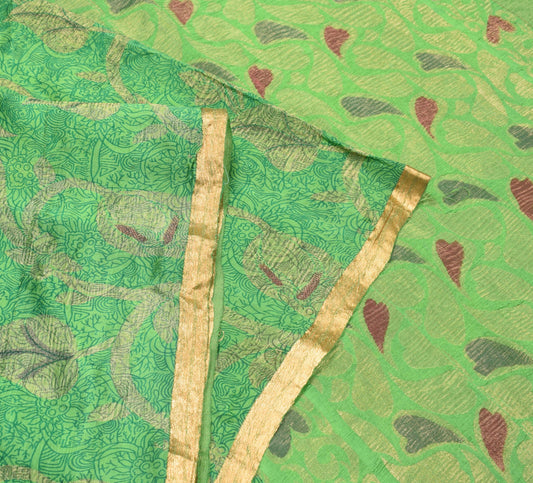 Sushila Vintage Green Pure Silk Saree Printed Zari Brocade 6Yd Soft Sari Fabric