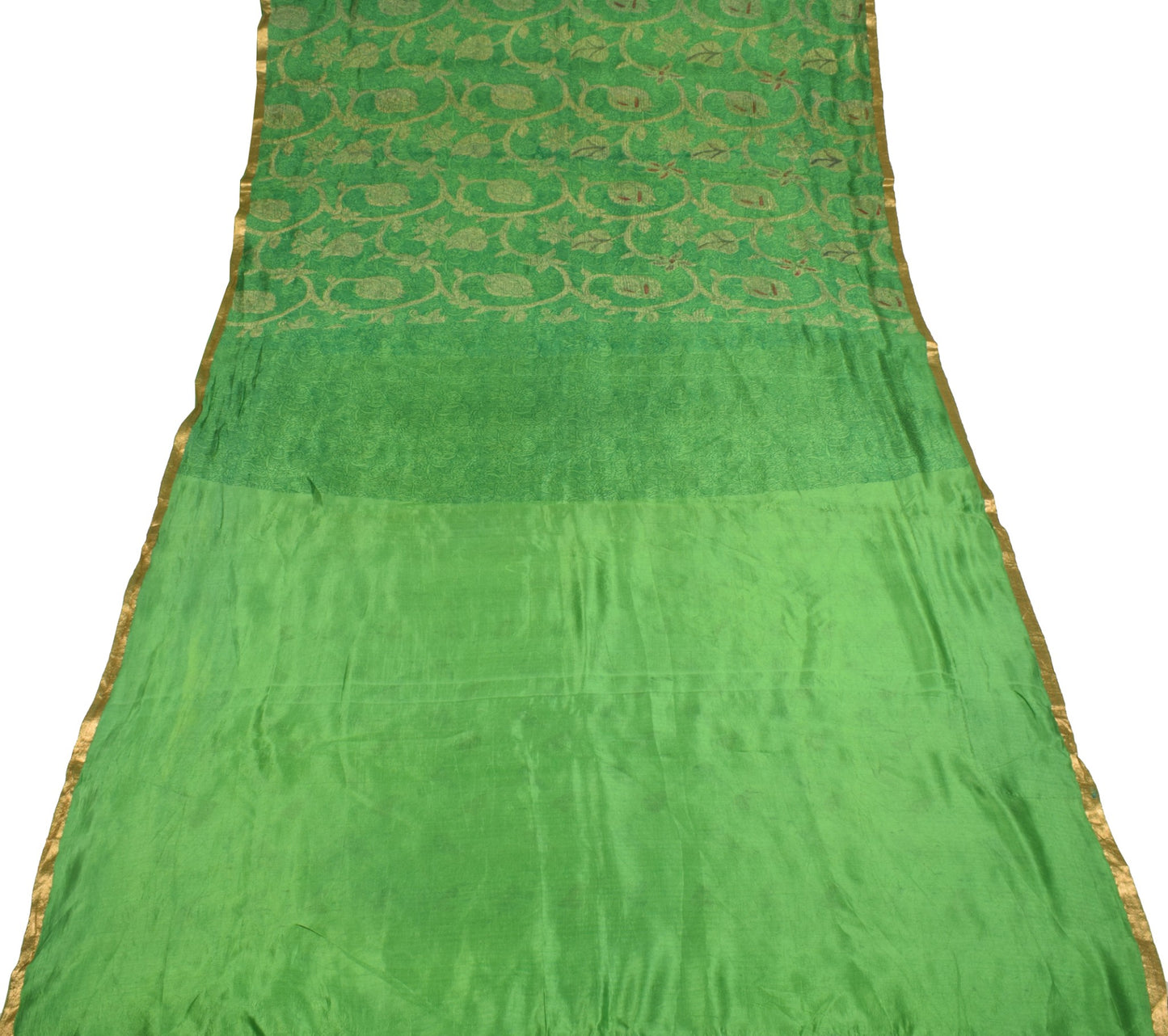 Sushila Vintage Green Pure Silk Saree Printed Zari Brocade 6Yd Soft Sari Fabric