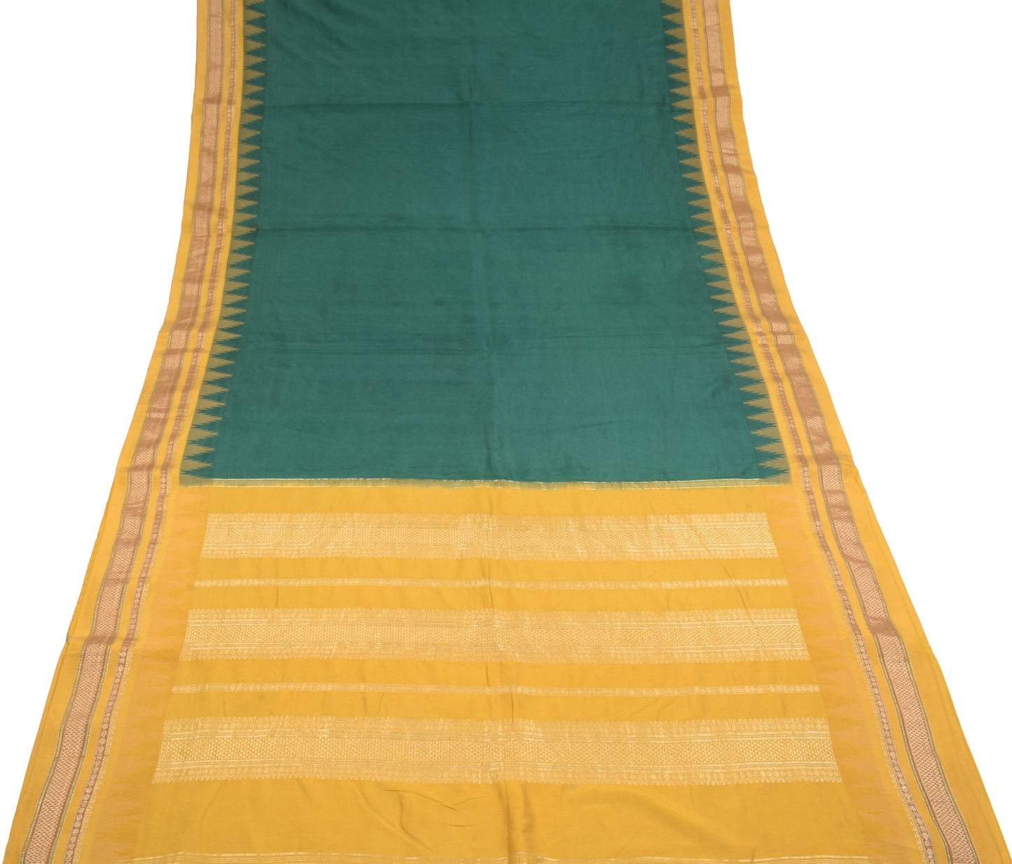 Sushila Vintage Green and Yellow Sari Pure Kanchipuram Silk temple border Saree