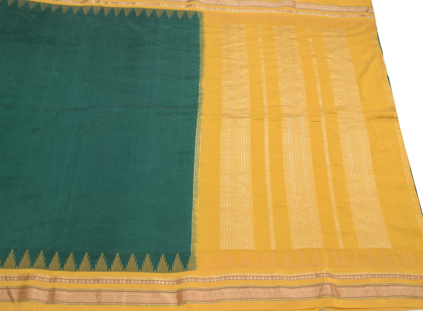 Sushila Vintage Green and Yellow Sari Pure Kanchipuram Silk temple border Saree