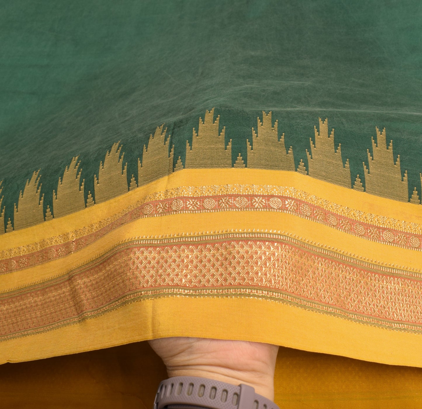 Sushila Vintage Green and Yellow Sari Pure Kanchipuram Silk temple border Saree