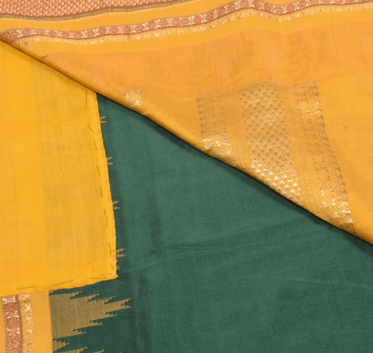 Sushila Vintage Green and Yellow Sari Pure Kanchipuram Silk temple border Saree