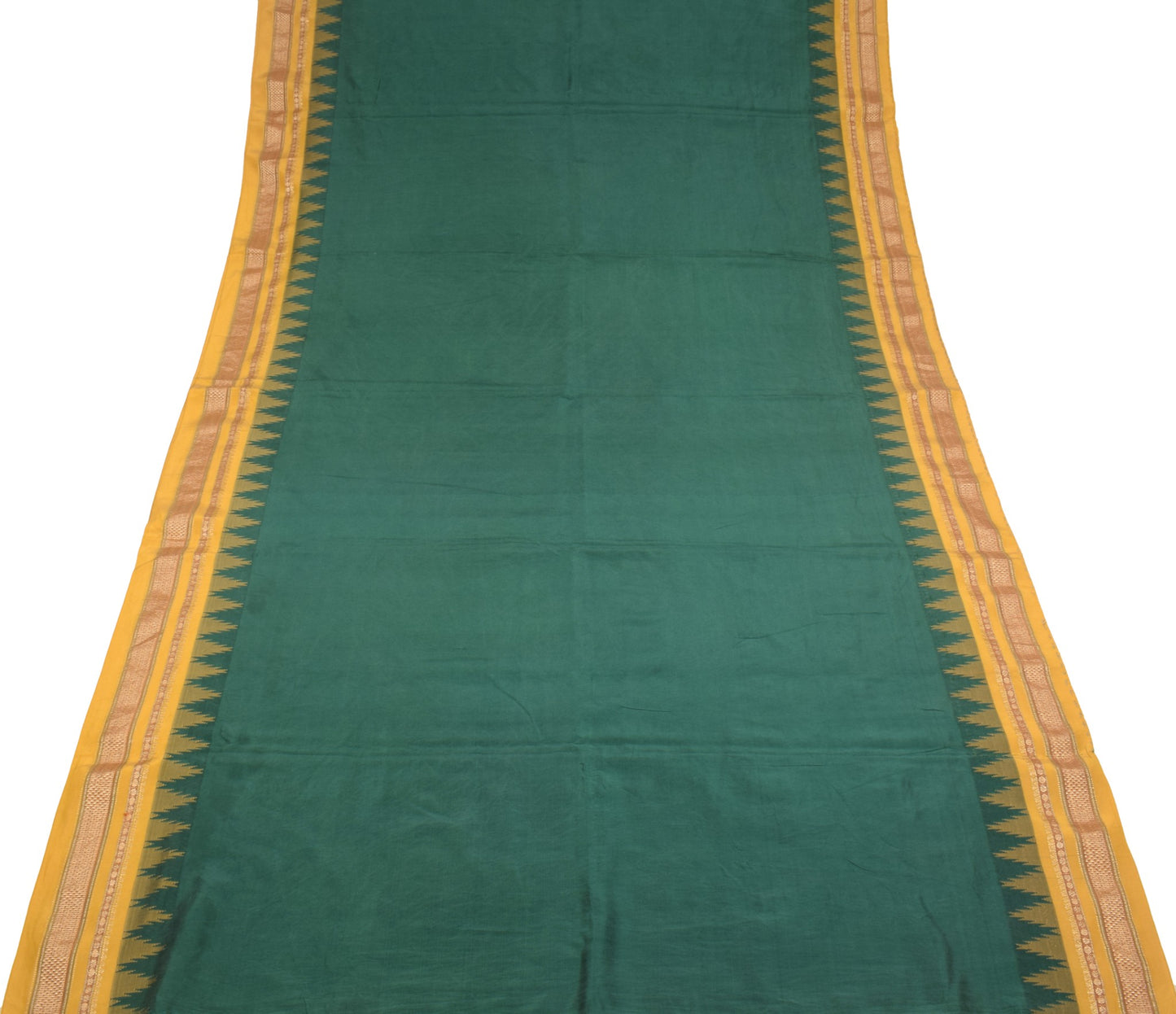 Sushila Vintage Green and Yellow Sari Pure Kanchipuram Silk temple border Saree