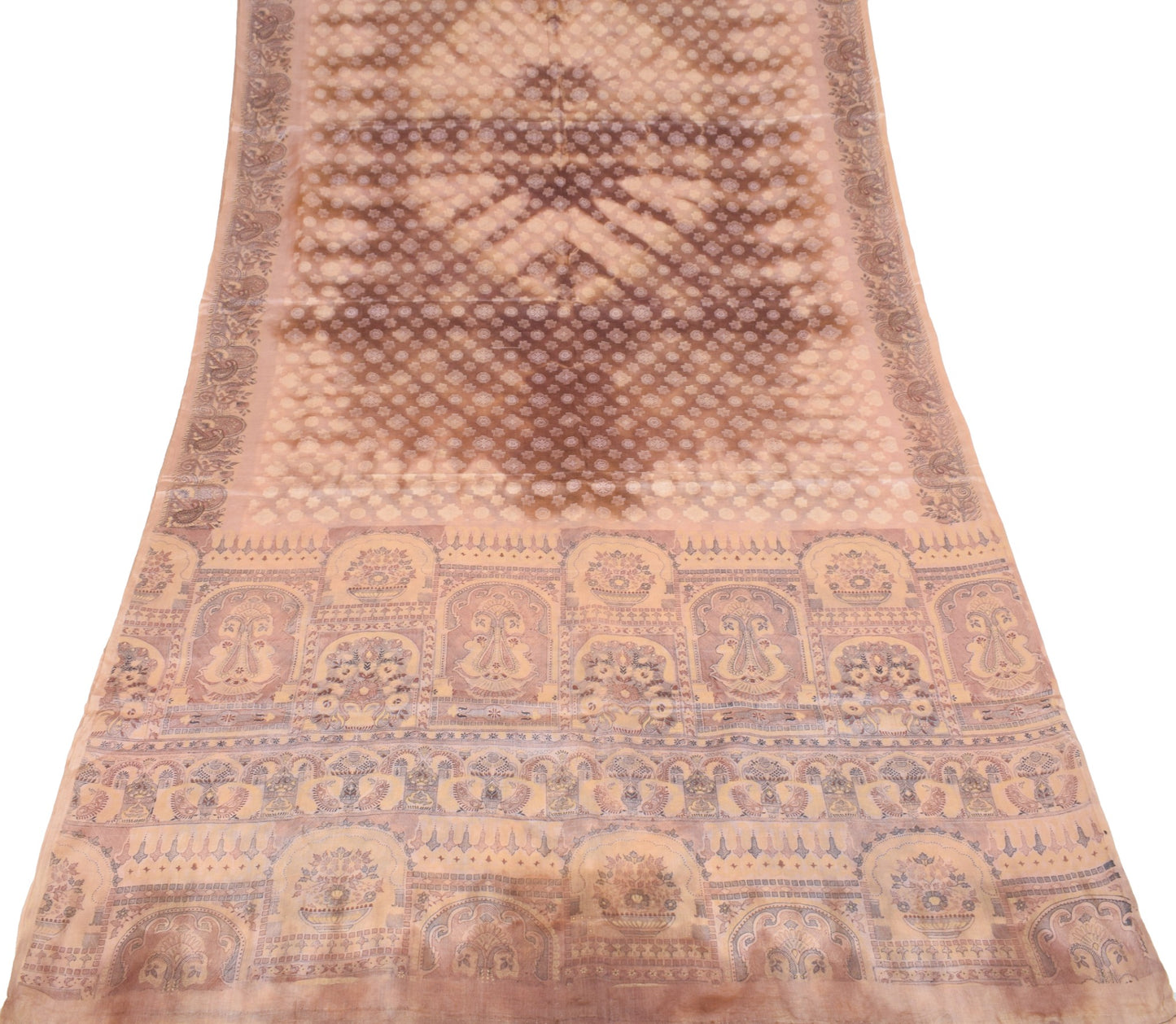 Sushila Vintage Pure Tussar Silk Saree Woven Printed Brown 6YD Soft Sari Fabric