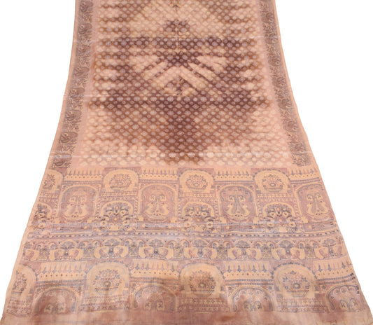 Sushila Vintage Pure Tussar Silk Saree Woven Printed Brown 6YD Soft Sari Fabric