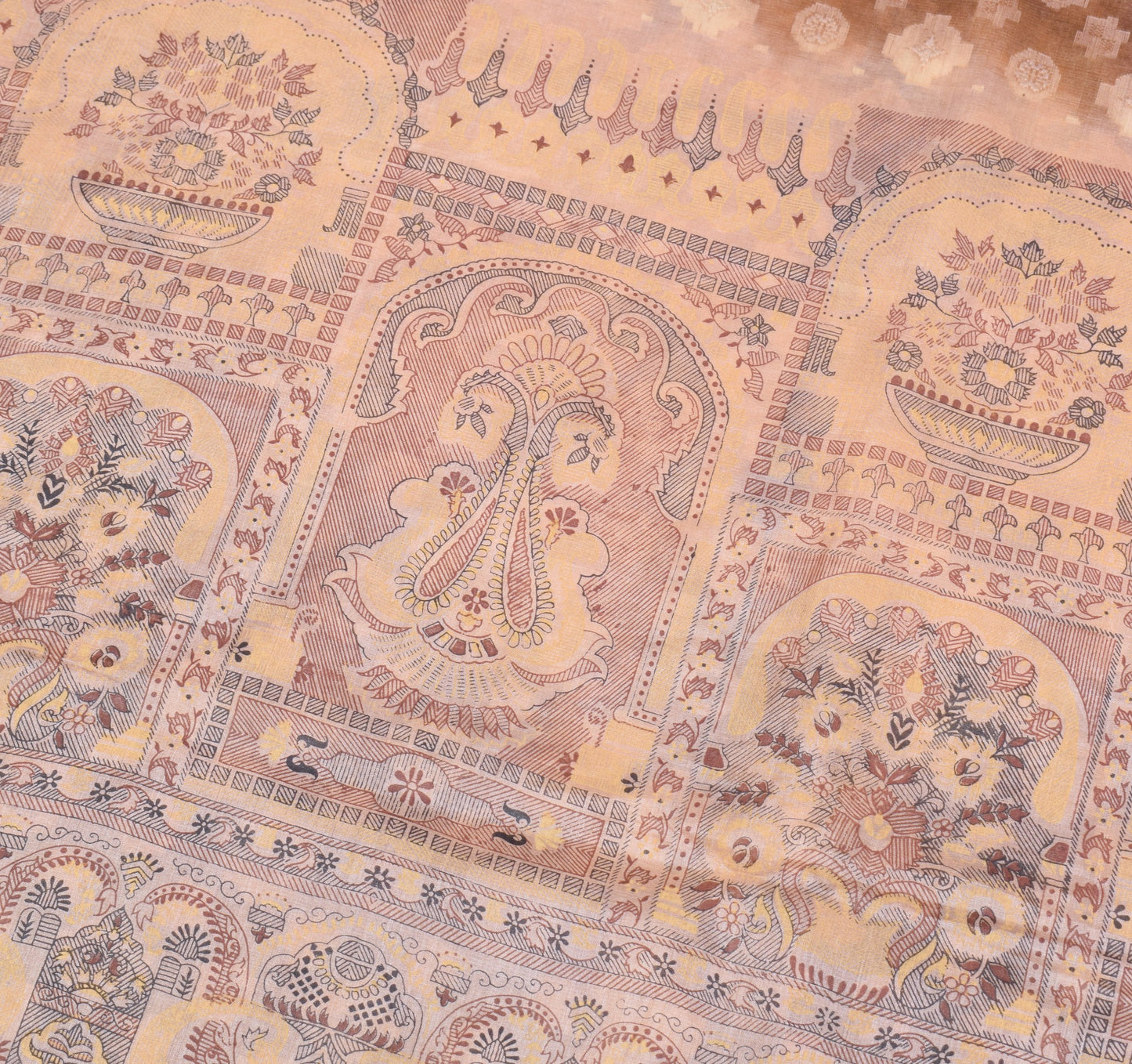 Sushila Vintage Pure Tussar Silk Saree Woven Printed Brown 6YD Soft Sari Fabric