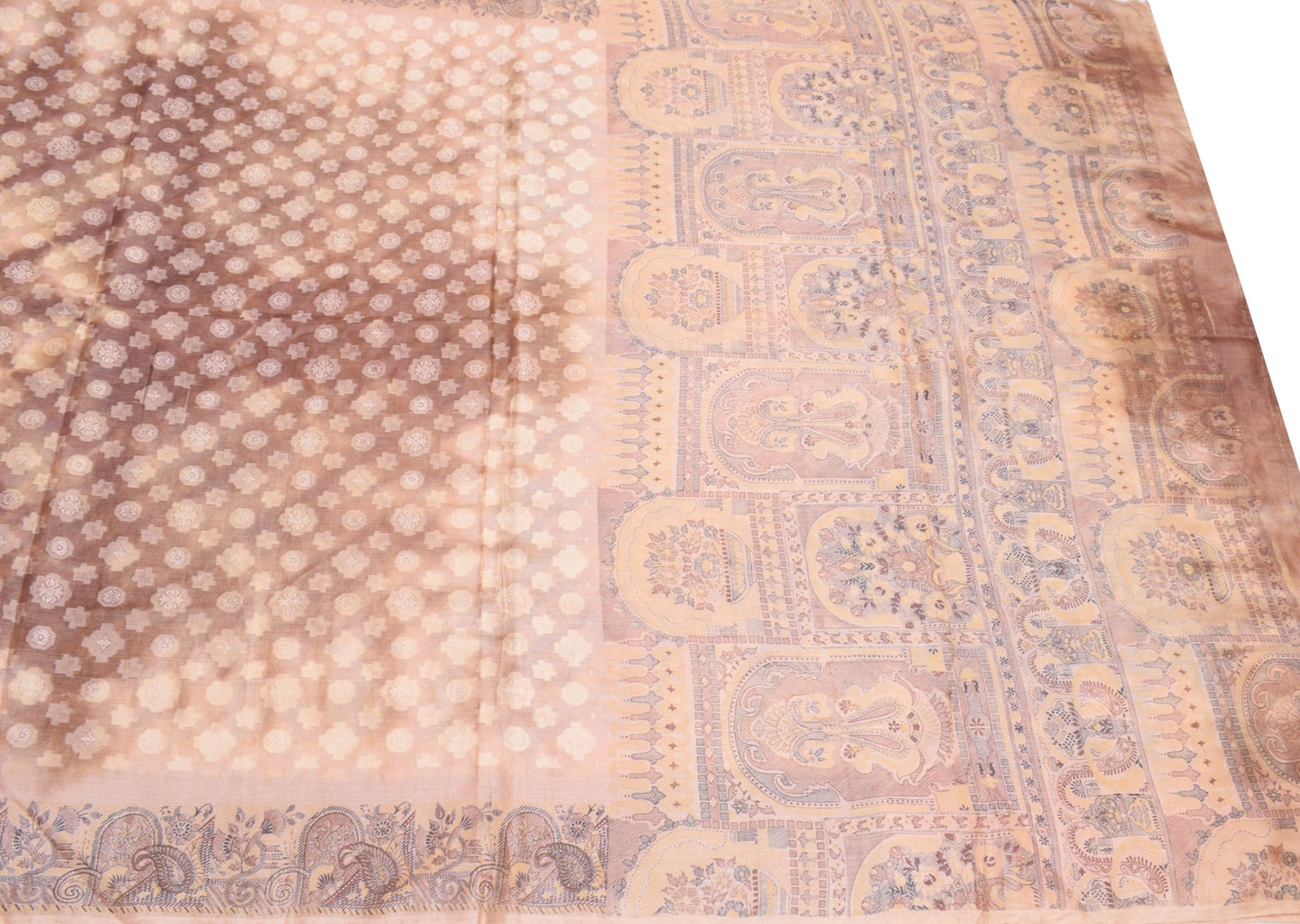 Sushila Vintage Pure Tussar Silk Saree Woven Printed Brown 6YD Soft Sari Fabric