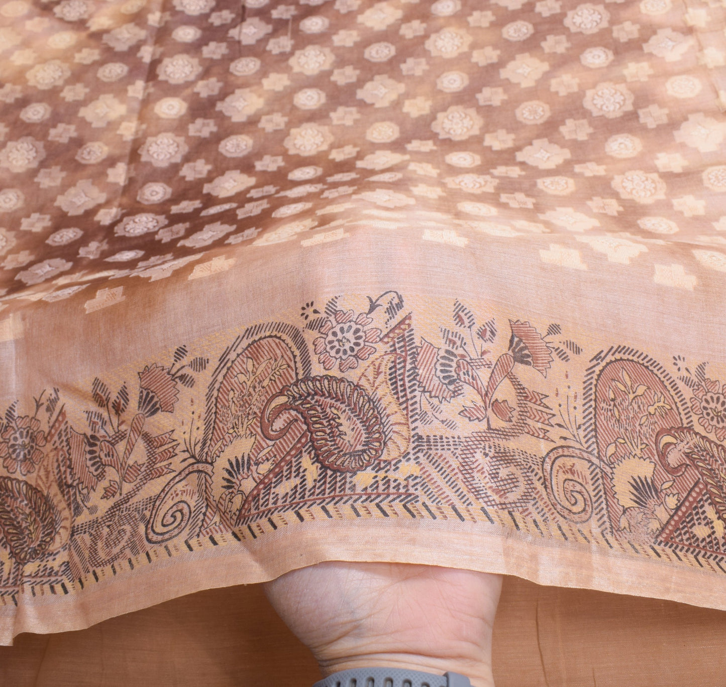 Sushila Vintage Pure Tussar Silk Saree Woven Printed Brown 6YD Soft Sari Fabric