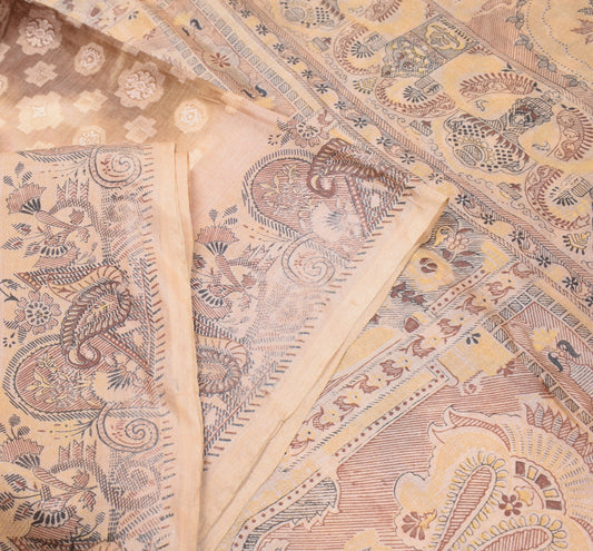 Sushila Vintage Pure Tussar Silk Saree Woven Printed Brown 6YD Soft Sari Fabric