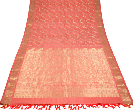 Sushila Vintage Coral Pink Kanjivaram Saree Pure Silk Gold Zari Work Sari Fabric