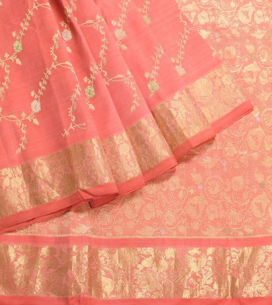 Sushila Vintage Coral Pink Kanjivaram Saree Pure Silk Gold Zari Work Sari Fabric
