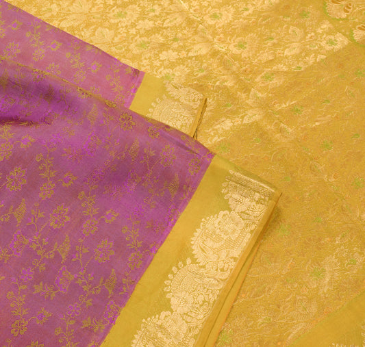 Sushila Vintage Green Purple Kanchipuram Saree Pure Silk Woven Zari Brocade Sari