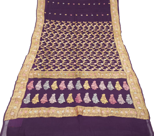 Sushila Vintage Pure Banarasi Georgette Saree Dark Wine Gold Zari Meenkari Sari