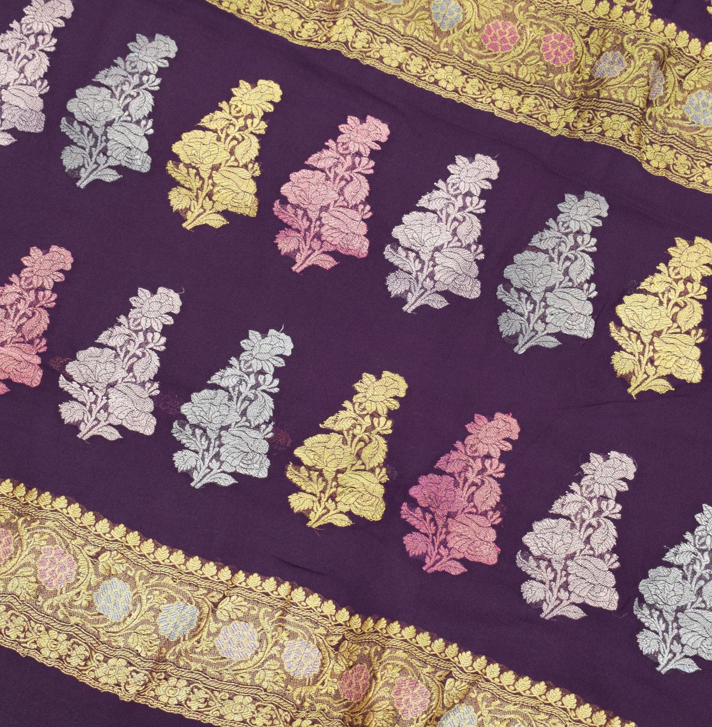 Sushila Vintage Pure Banarasi Georgette Saree Dark Wine Gold Zari Meenkari Sari