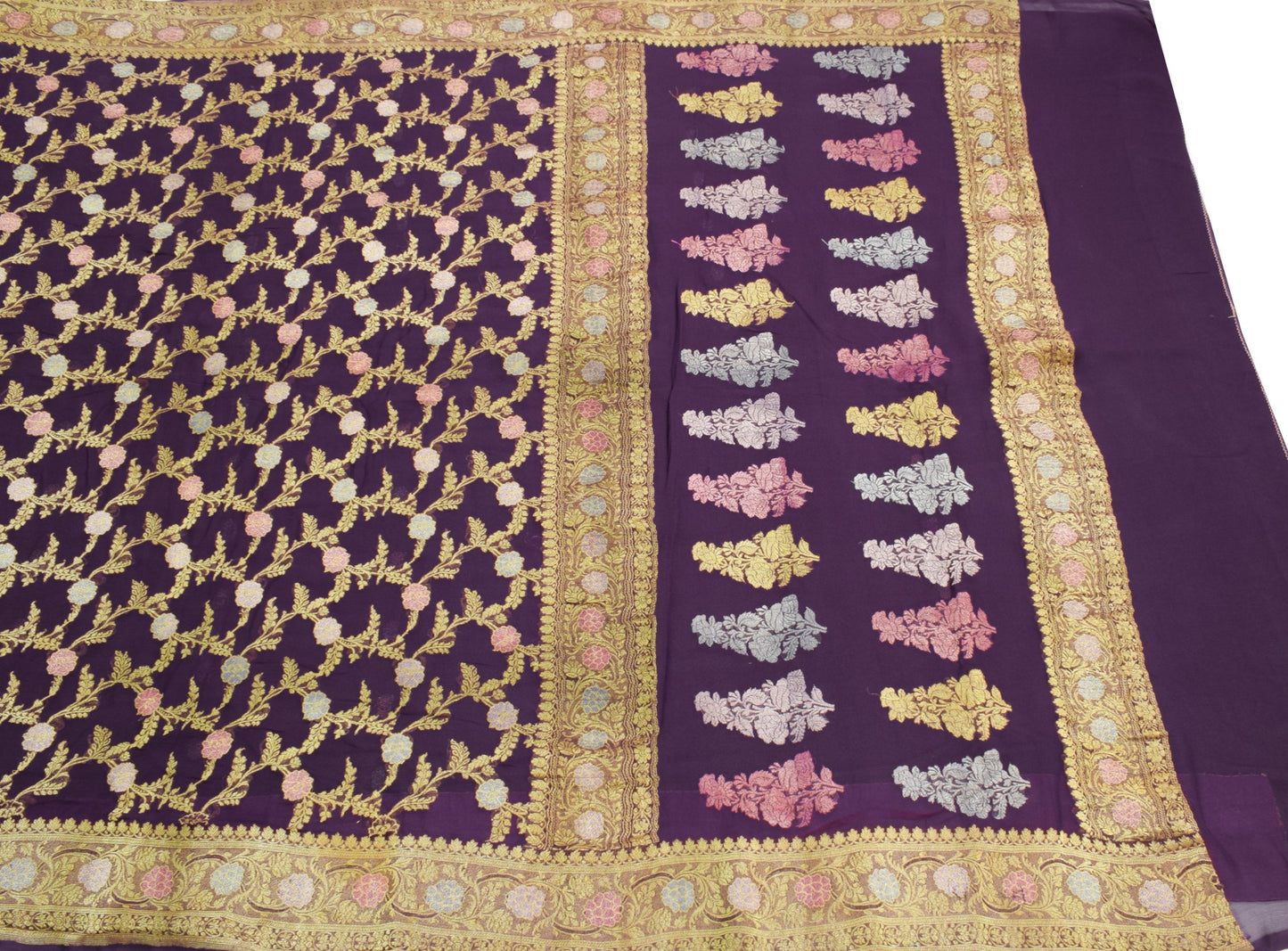 Sushila Vintage Pure Banarasi Georgette Saree Dark Wine Gold Zari Meenkari Sari