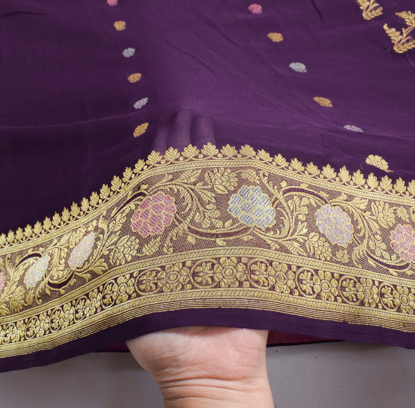 Sushila Vintage Pure Banarasi Georgette Saree Dark Wine Gold Zari Meenkari Sari