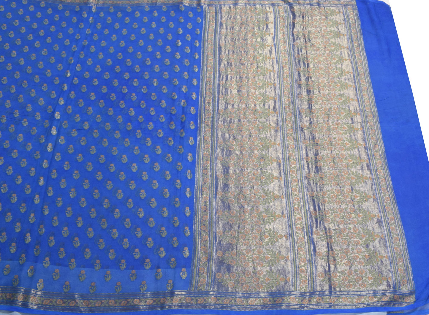 Sushila Vintage Pure Banarasi Georgette Saree Floral Woven Blue Soft Sari Fabric
